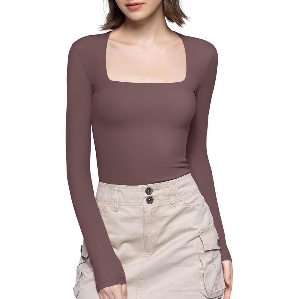 Women's Pimento Square Neck Long Sleeve T Shirts Slim Fit Tops Collection